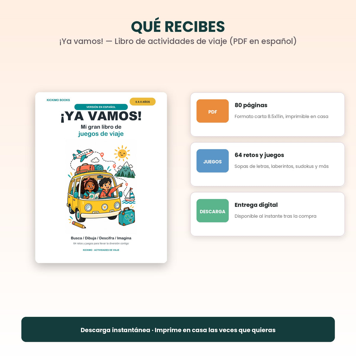 ¡Ya vamos! — Libro de actividades de viaje, 6 a 8 años (PDF en español)